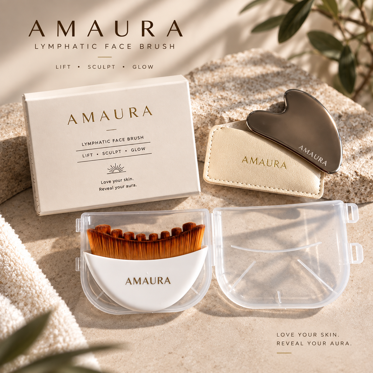 AMAURA Sculpt & Glow Duo – Cooling Stainless Steel Gua Sha + Ultra-Soft Lymphatic Contour Face Brush, De-Puffing Facial Massage Set for Face, Jawline & Neck