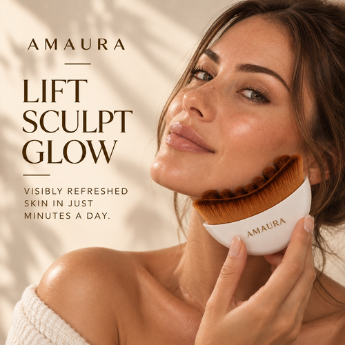AMAURA Sculpt & Glow Duo – Cooling Stainless Steel Gua Sha + Ultra-Soft Lymphatic Contour Face Brush, De-Puffing Facial Massage Set for Face, Jawline & Neck